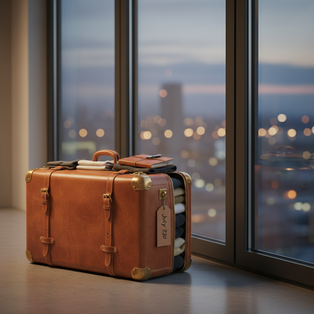 A single, carefully packed suitcase made of rich cognac leather stands upright near a large floor-to-ceiling window in a minimalist apartment. The suitcase is partially unzipped to reveal neatly folded clothes in complementary neutral tones, a slim travel journal, and a visible luggage tag labeled with the date “July 2030” in fine black ink. Outside the slightly blurred window, a distant skyline at dusk glows softly, suggesting imminent departure. Gentle, diffused twilight mixes with warm interior lighting, creating soft reflections on the suitcase’s polished brass hardware. Photographic realism with a slightly low angle and rule-of-thirds composition, emphasizing the suitcase as the quiet, sophisticated symbol of a final journey from long distance to togetherness.