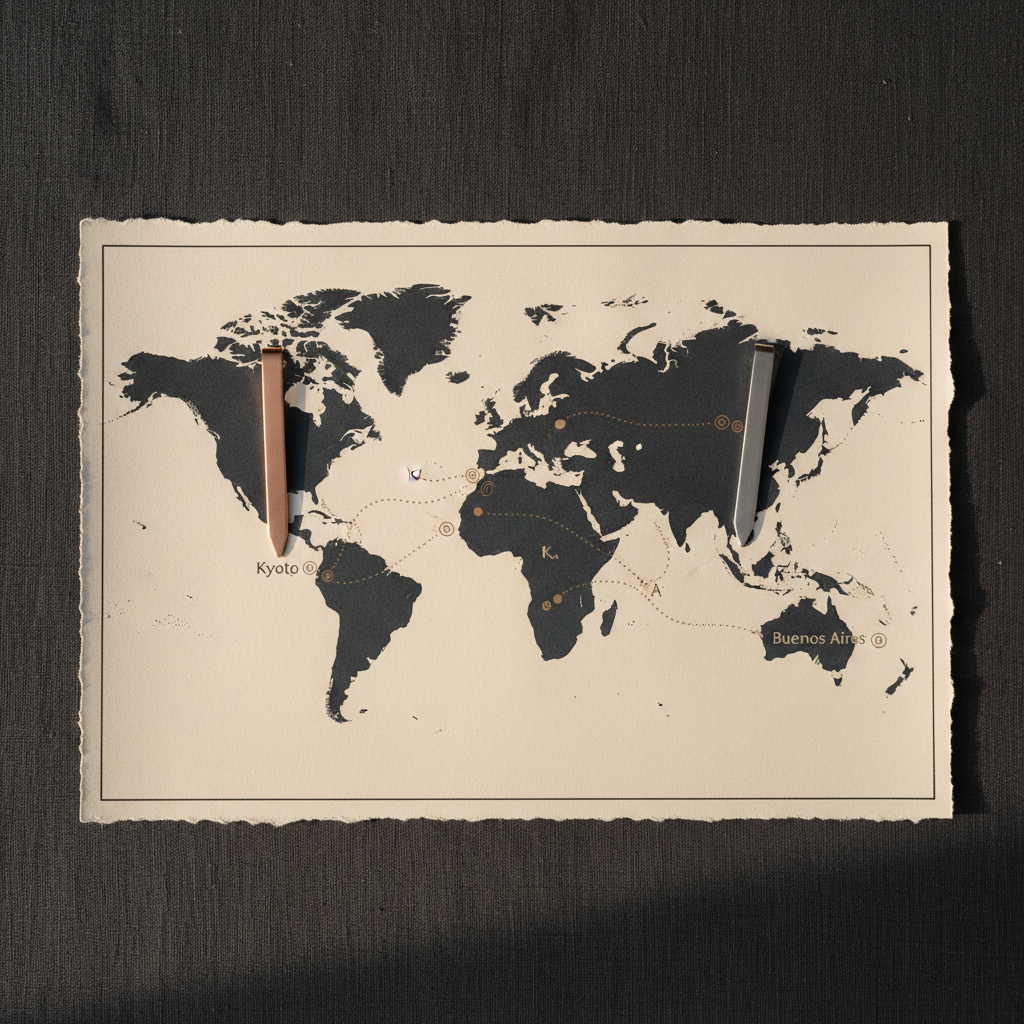 A refined, monochrome map of the world, printed on heavy, slightly textured ivory paper, lies flat on a dark charcoal linen surface. Two slim metal bookmarks, one rose gold and one brushed silver, are placed on cities at opposite ends of the map. A delicate, hand-drawn dotted line in sepia ink winds between them, looping through various marked waypoints labeled with subtle initials K and A. Golden hour light grazes in from the side, creating soft highlights on the metallic edges and velvety shadows along the paper’s torn deckle edge. Photographic realism, shot from directly above with sharp focus and a minimalist, sophisticated aesthetic, evoking five years of long-distance journeys converging into one elegant narrative.