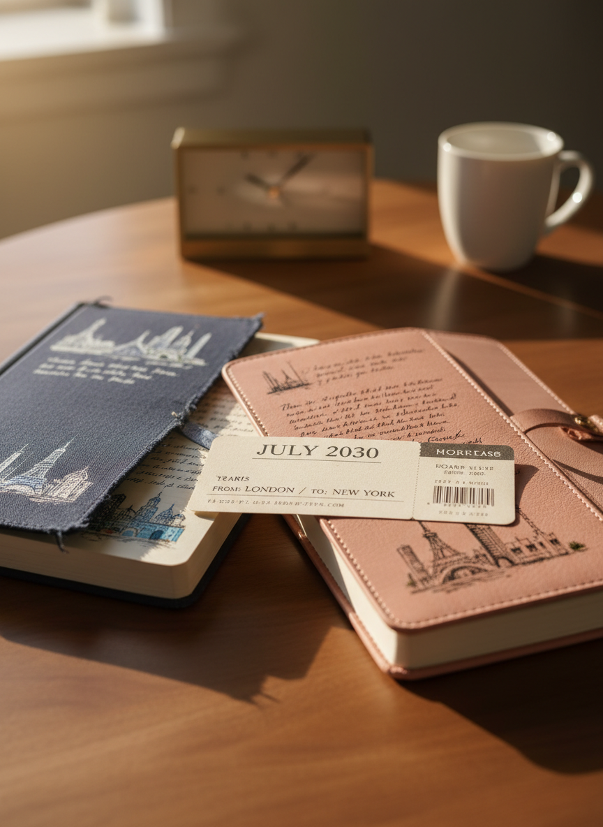 A pair of intertwined travel journals, one navy linen-bound and the other soft blush leather, rests open on a smooth walnut table. Their pages show delicately handwritten entries, small ink sketches of city skylines, and a neatly folded vintage-style boarding pass dated July 2030 tucked between them. Soft afternoon light from an unseen window washes across the table, creating gentle highlights on the textured covers and subtle shadows in the page creases. In the blurred background, a ceramic mug and a minimalist brass desk clock suggest passing time. Photographic realism, eye-level composition with a shallow depth of field, creating a sophisticated, intimate atmosphere of a long-distance love story carefully documented over the years.