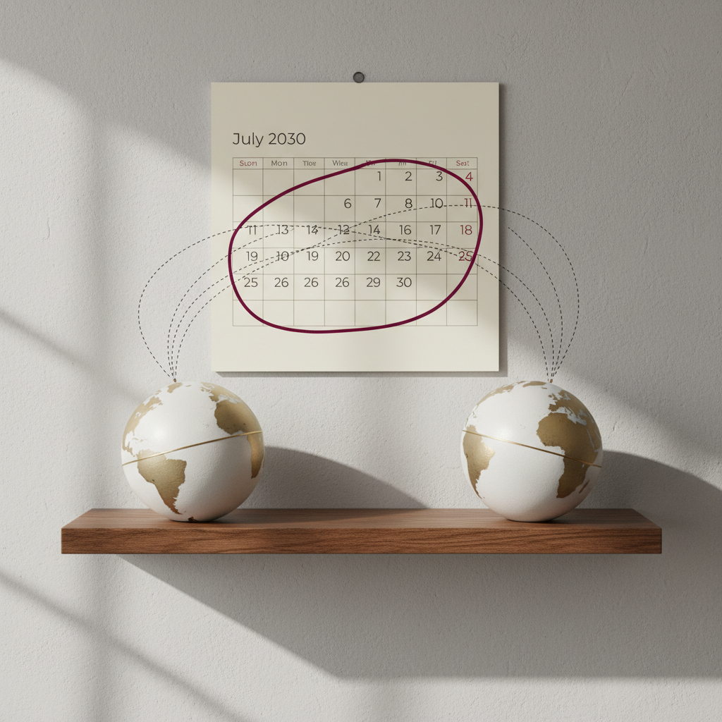 Two elegant, minimal globes made of matte white ceramic with slim gold meridians sit side by side on a dark oak shelf, separated by a narrow gap. Fine dotted lines, delicately hand-drawn in ink, arc from one globe to the other, symbolizing countless journeys across oceans and continents. Behind them, a large wall calendar shows the month of July 2030 circled in deep burgundy. Soft, diffused morning light falls from the left, casting slender shadows along the shelf edge and creating a calm, contemplative mood. Captured in photographic realism with a centered, balanced composition and a slightly elevated angle, the scene feels sophisticated and symbolic of distance, anticipation, and an eventual reunion date.