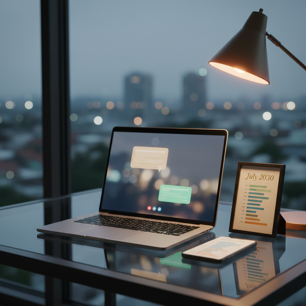 An open laptop with a sleek, brushed aluminum finish sits on a tidy glass desk, its screen displaying a blurred, glowing video call interface with two highlighted chat windows. Next to it, a smartphone shows a series of timestamped messages stretching back five years, all minimized into tidy colored bars. A small, framed print beside the laptop reads “July 2030” in elegant serif typography. Cool evening light from a cityscape beyond the window creates a subtle reflection on the glass surface, while a single warm desk lamp casts a gentle pool of light over the devices. Photographic realism, captured from a three-quarter angle with shallow depth of field, conveying a sophisticated, modern record of a long-distance relationship preserved through screens and messages.