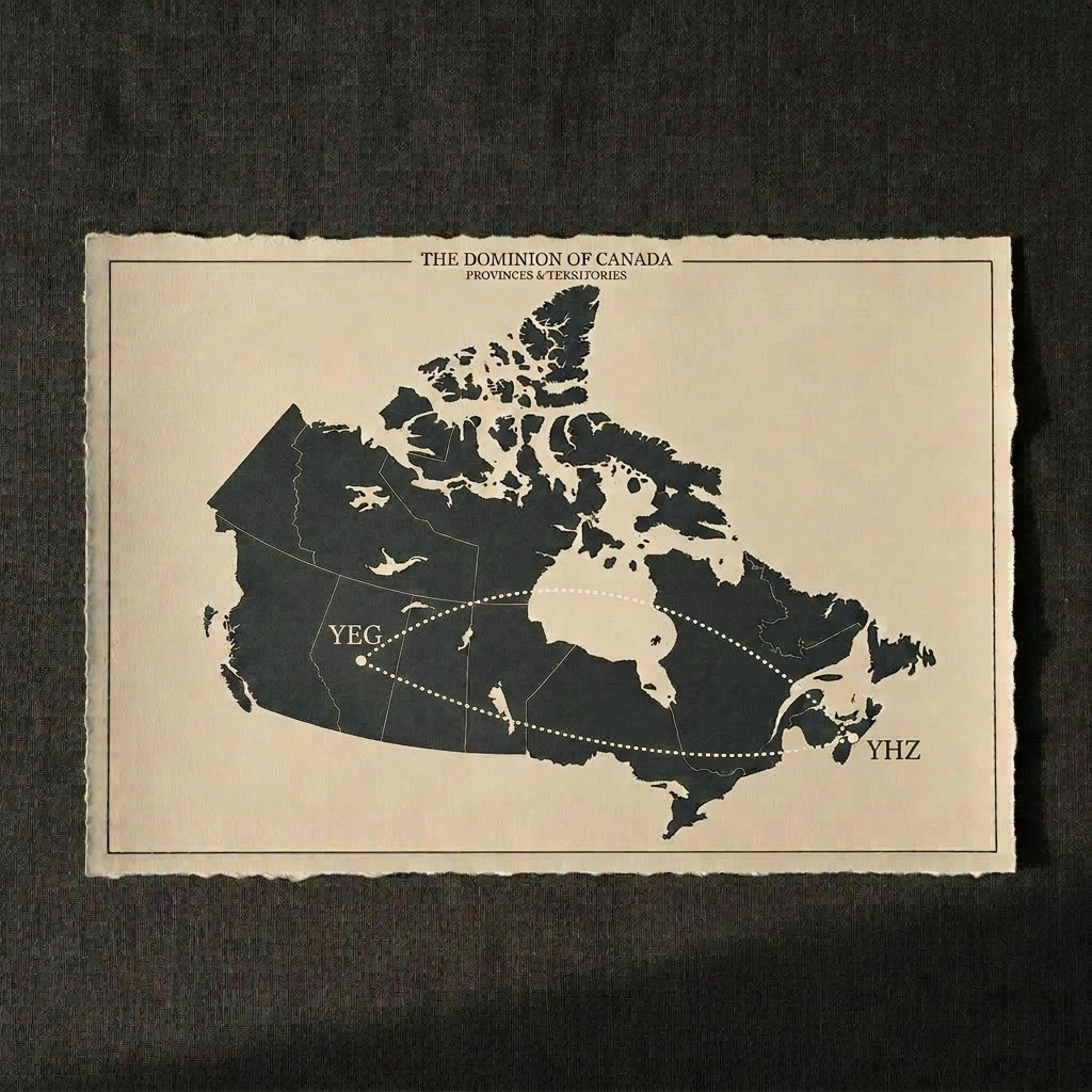 A refined, monochrome map of the world, printed on heavy, slightly textured ivory paper, lies flat on a dark charcoal linen surface. Two slim metal bookmarks, one rose gold and one brushed silver, are placed on cities at opposite ends of the map. A delicate, hand-drawn dotted line in sepia ink winds between them, looping through various marked waypoints labeled with subtle initials K and A. Golden hour light grazes in from the side, creating soft highlights on the metallic edges and velvety shadows along the paper’s torn deckle edge. Photographic realism, shot from directly above with sharp focus and a minimalist, sophisticated aesthetic, evoking five years of long-distance journeys converging into one elegant narrative.